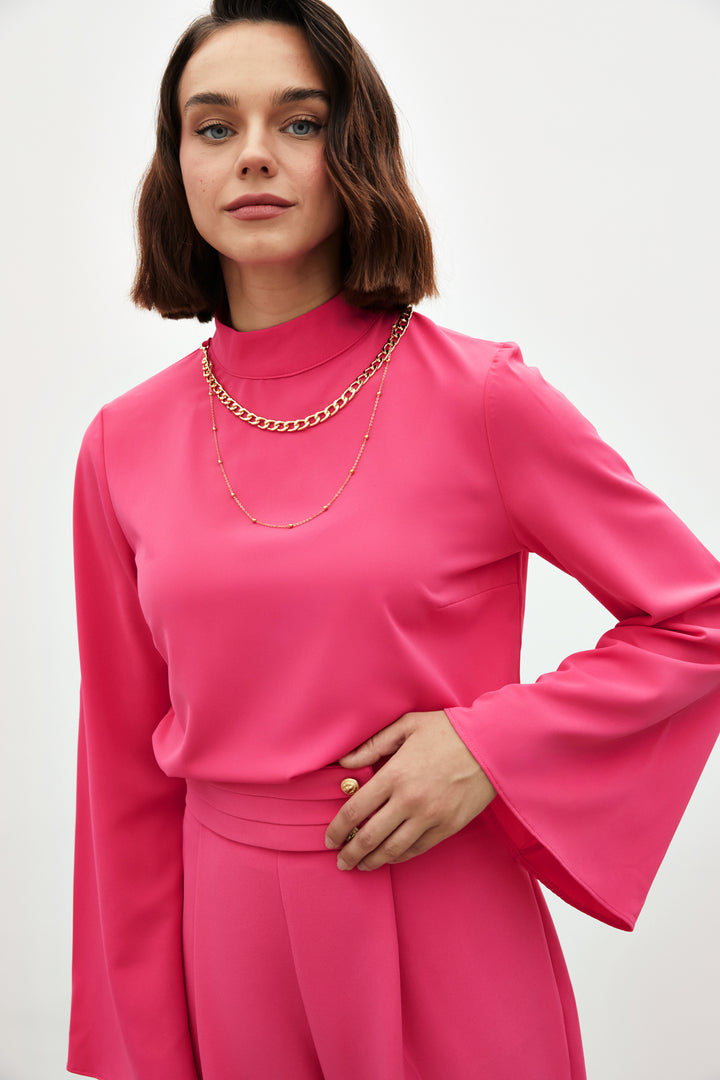 Sateen Blouse à manches espagnoles avec collier - Fuchsia