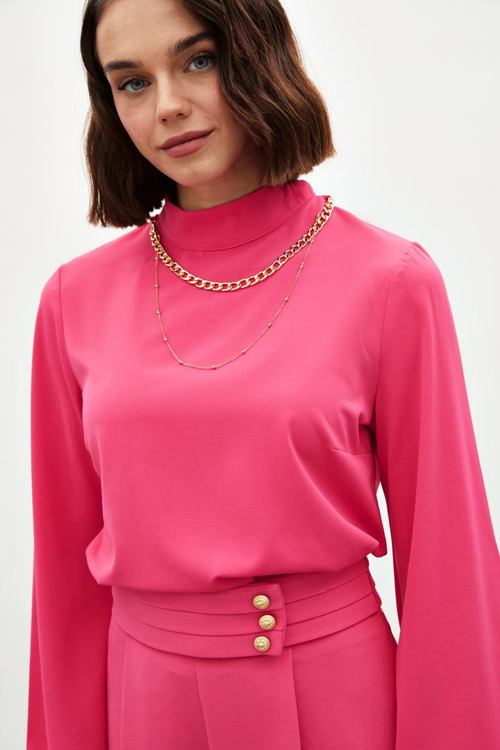 Sateen Blouse à manches espagnoles avec collier - Fuchsia