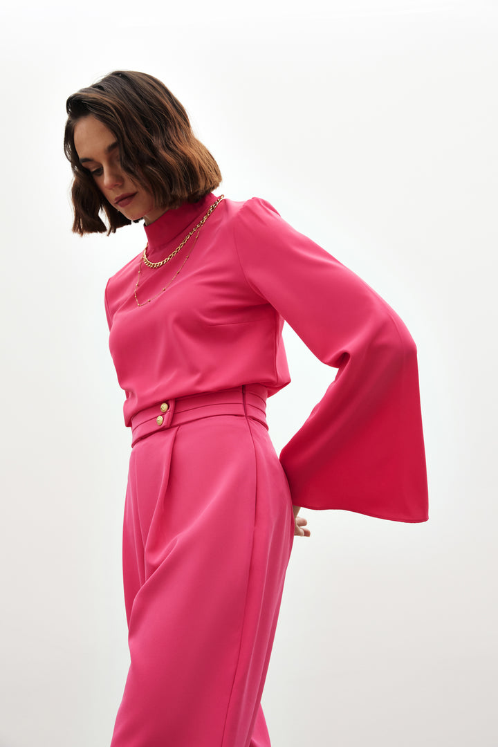 Sateen Blouse à manches espagnoles avec collier - Fuchsia