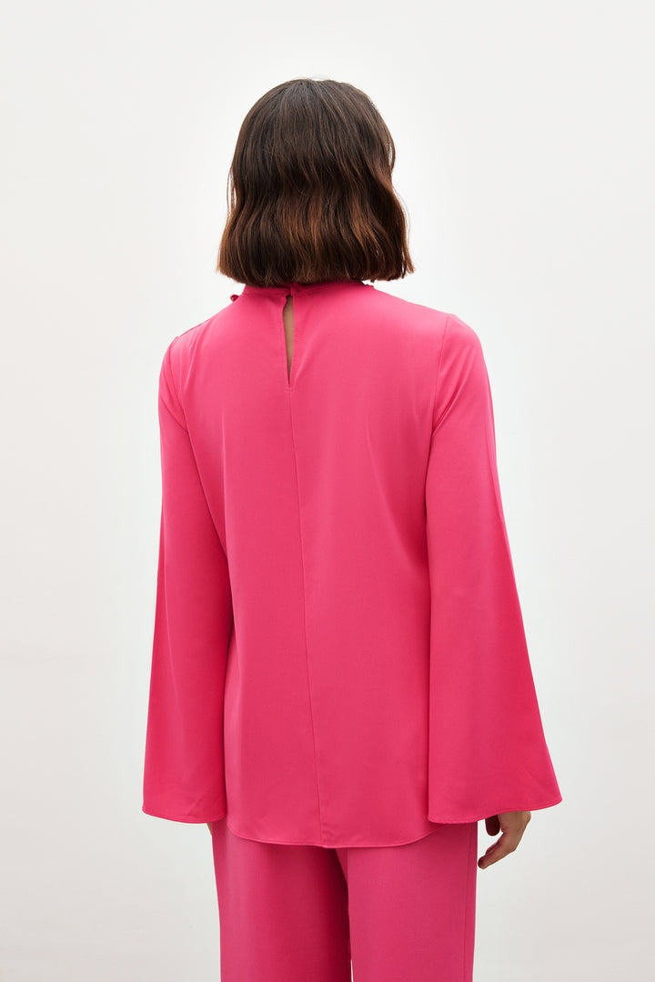 Sateen Blouse à manches espagnoles avec collier - Fuchsia