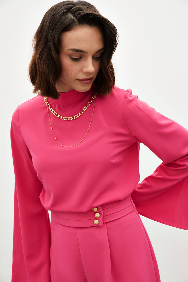 Sateen Blouse à manches espagnoles avec collier - Fuchsia