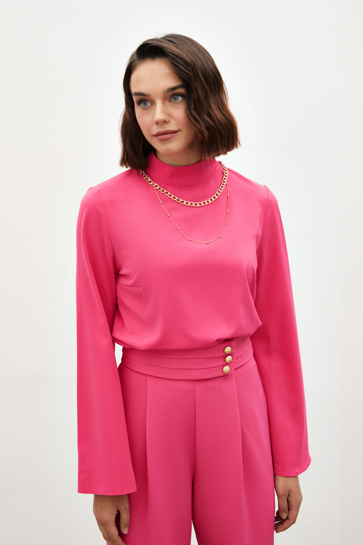 Sateen Blouse à manches espagnoles avec collier - Fuchsia