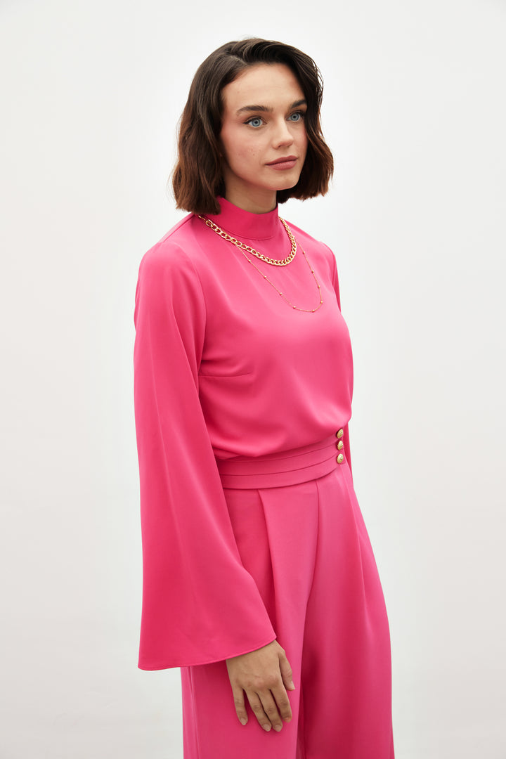 Sateen Blouse à manches espagnoles avec collier - Fuchsia