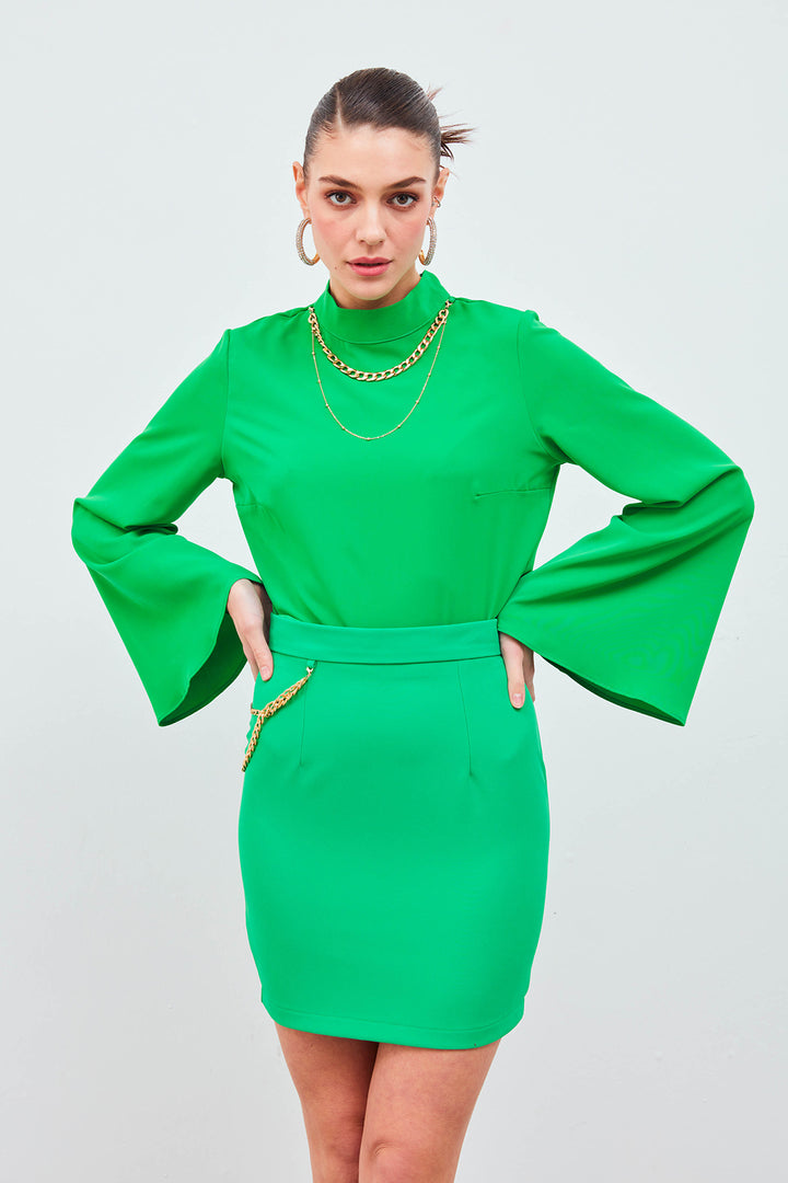 Sateen Blouse à manches espagnoles avec collier - Vert