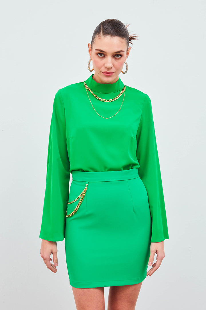 Sateen Blouse à manches espagnoles avec collier - Vert