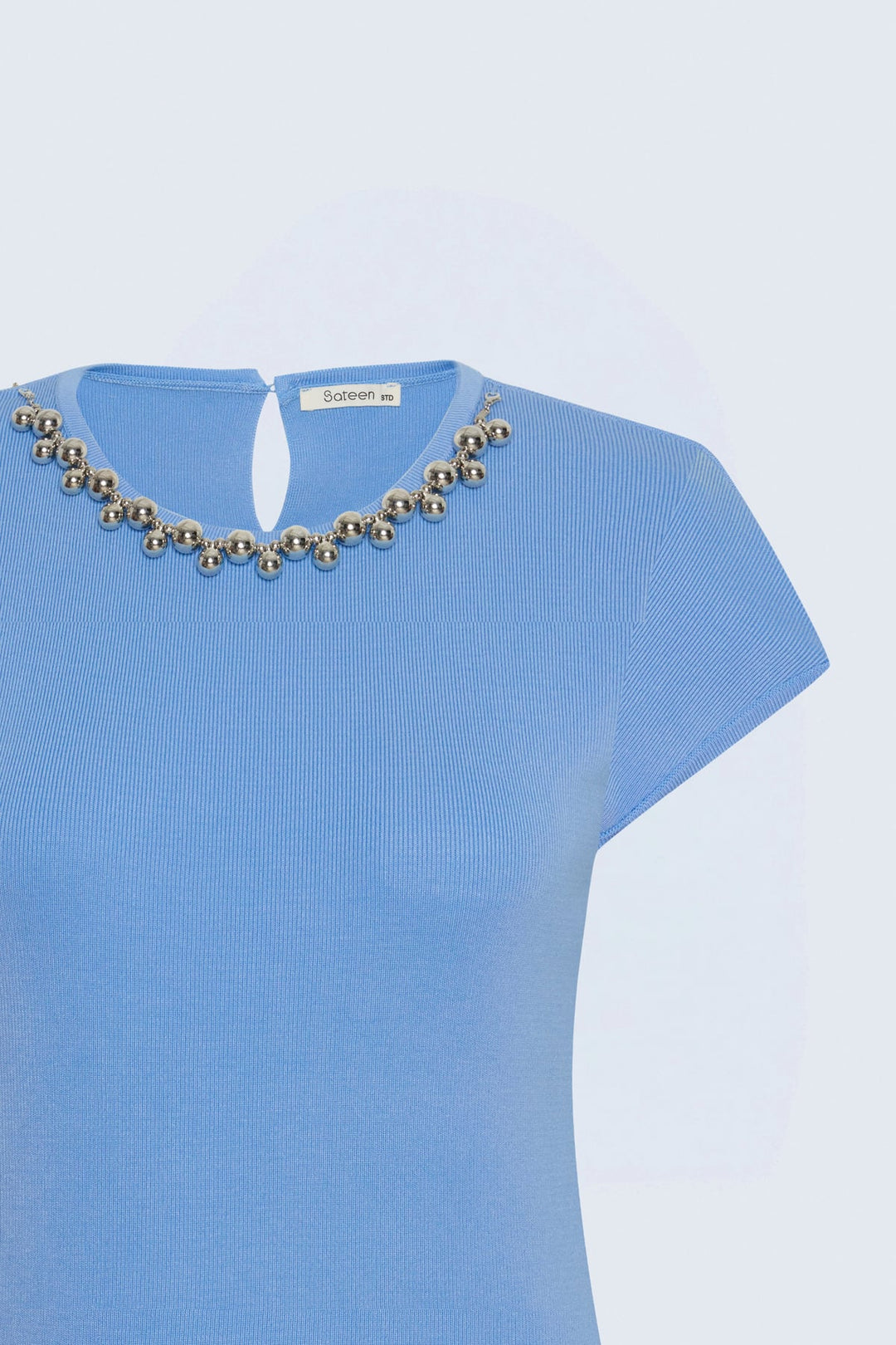 Sateen Tricot à Manches Courtes avec Collier - bebe Bleu