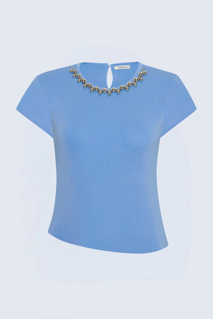 Sateen Tricot à Manches Courtes avec Collier - bebe Bleu
