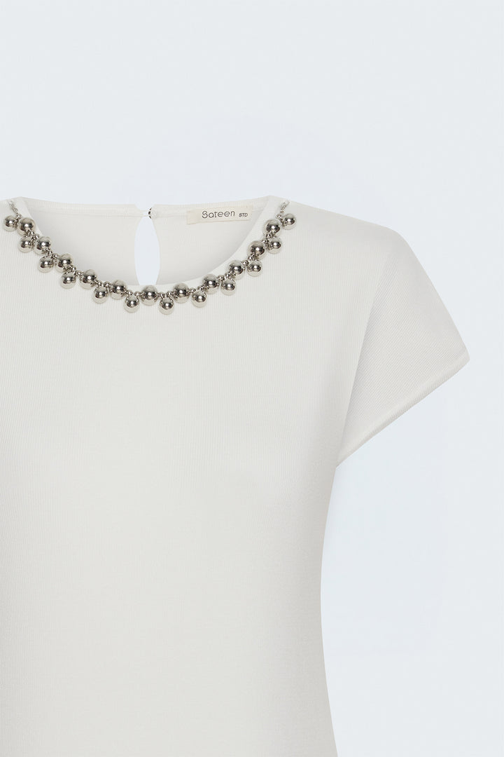 Sateen Tricot à Manches Courtes avec Collier - Écru