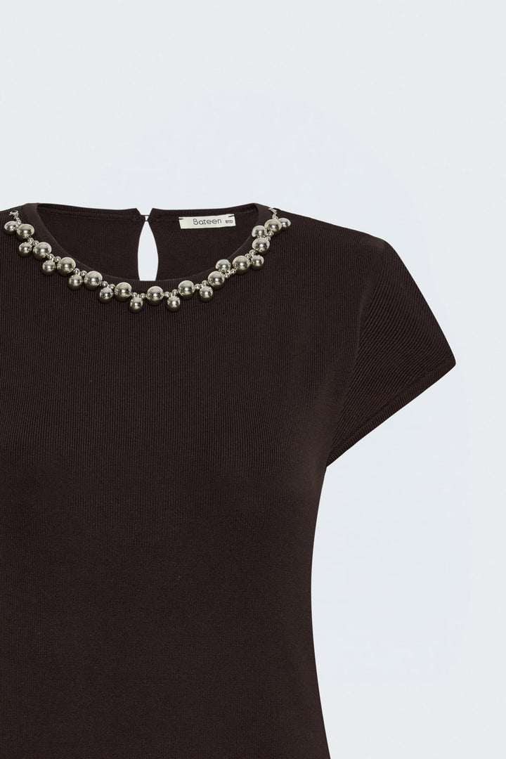 Sateen Tricot à Manches Courtes avec Collier - Marron