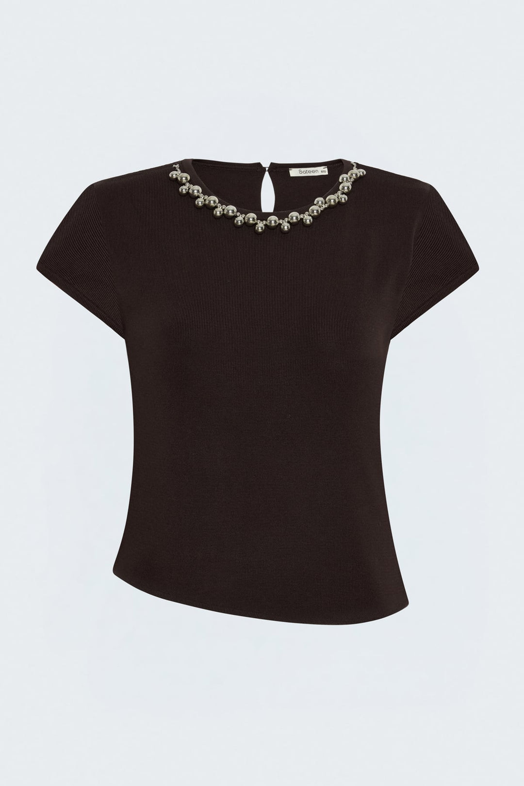 Sateen Tricot à Manches Courtes avec Collier - Marron