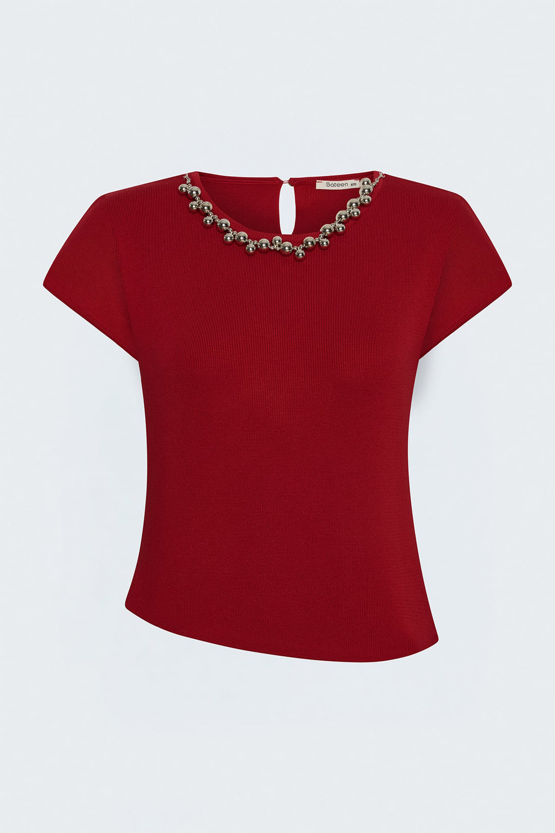 Sateen Tricot à Manches Courtes avec Collier - Rouge