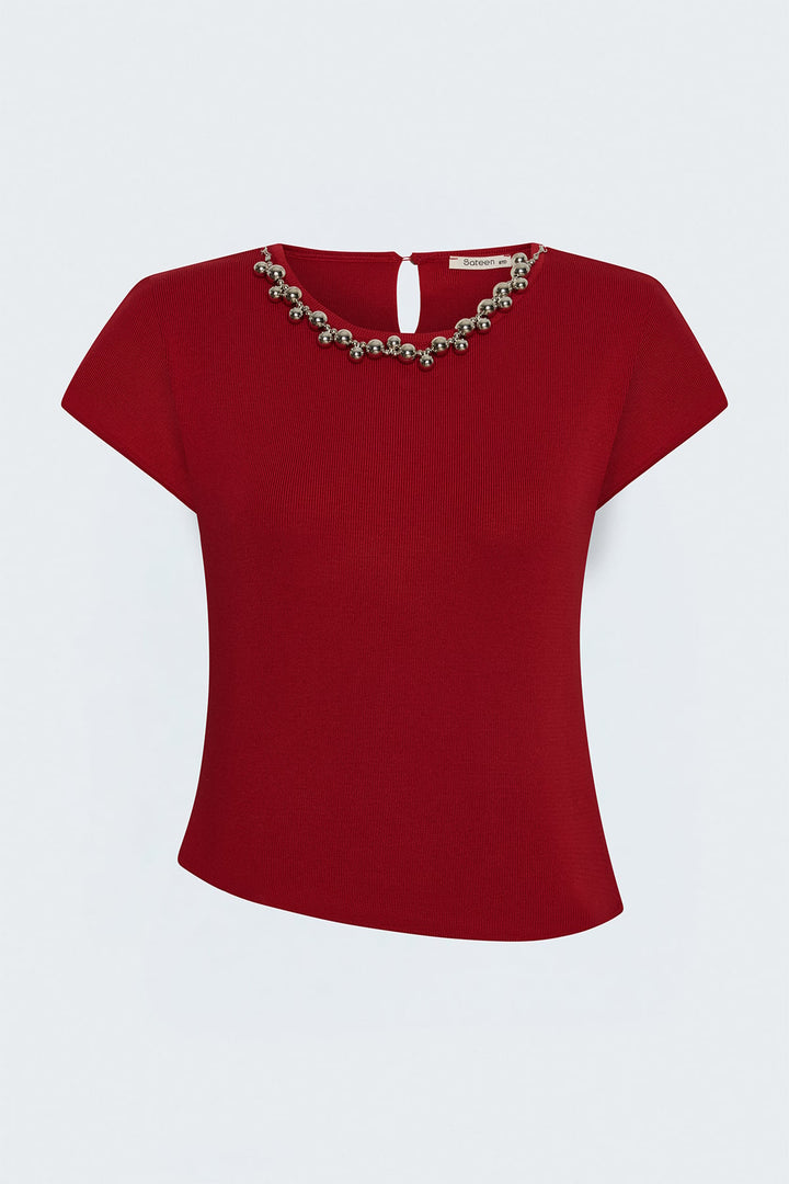 Sateen Tricot à Manches Courtes avec Collier - Rouge