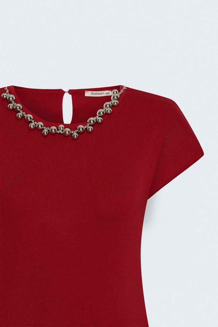 Sateen Tricot à Manches Courtes avec Collier - Rouge