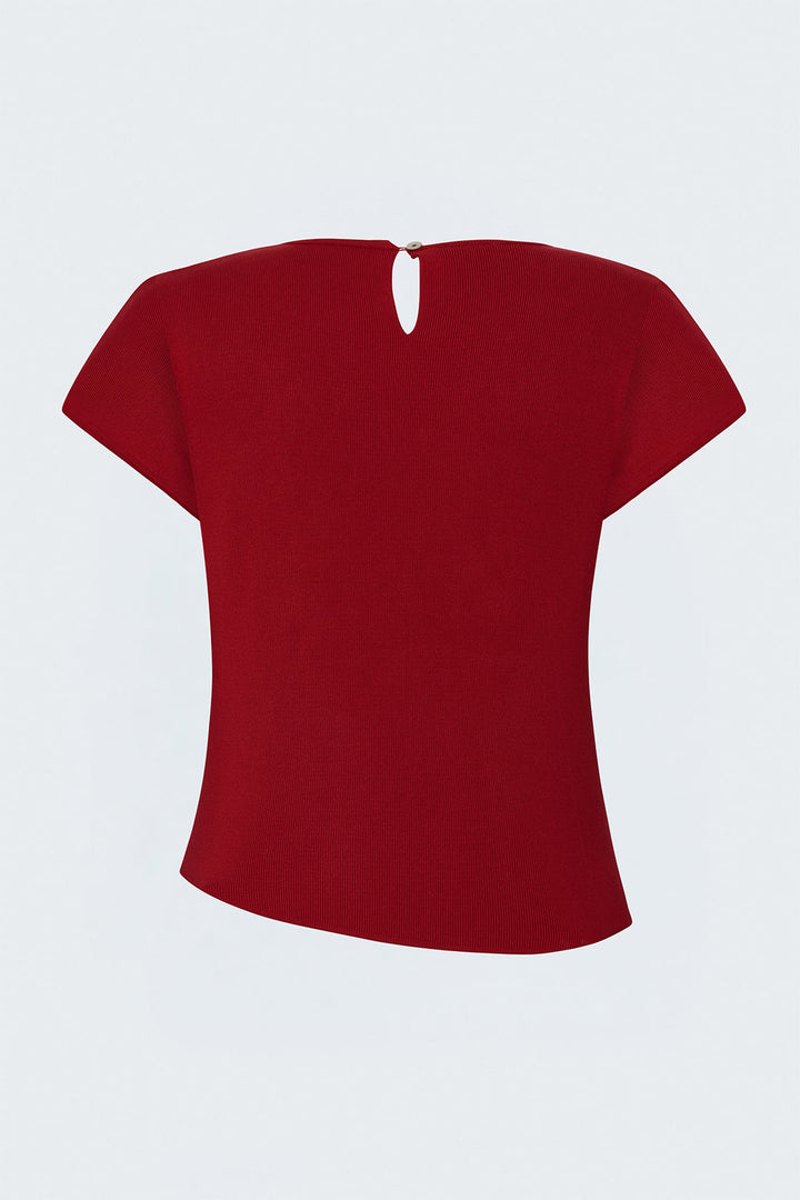 Sateen Tricot à Manches Courtes avec Collier - Rouge