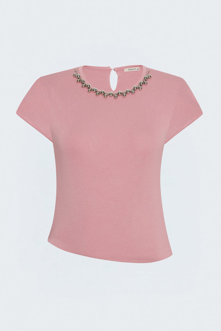 Sateen Tricot à Manches Courtes avec Collier - Poudre