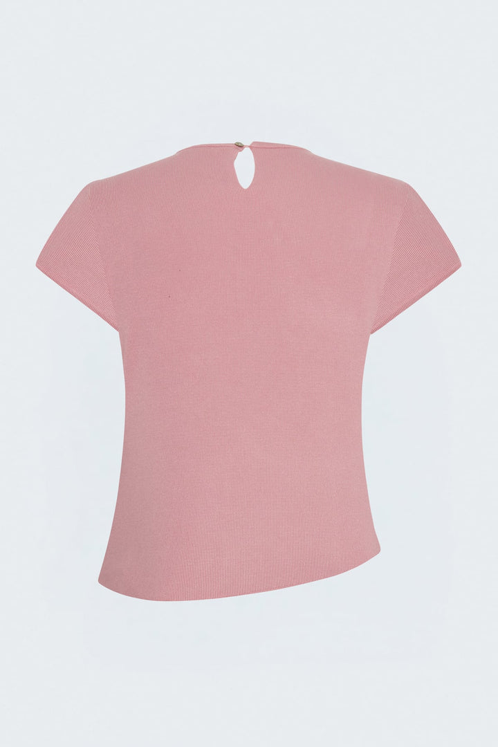 Sateen Tricot à Manches Courtes avec Collier - Poudre