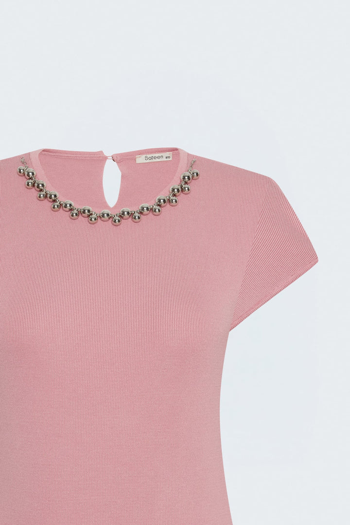 Sateen Tricot à Manches Courtes avec Collier - Poudre