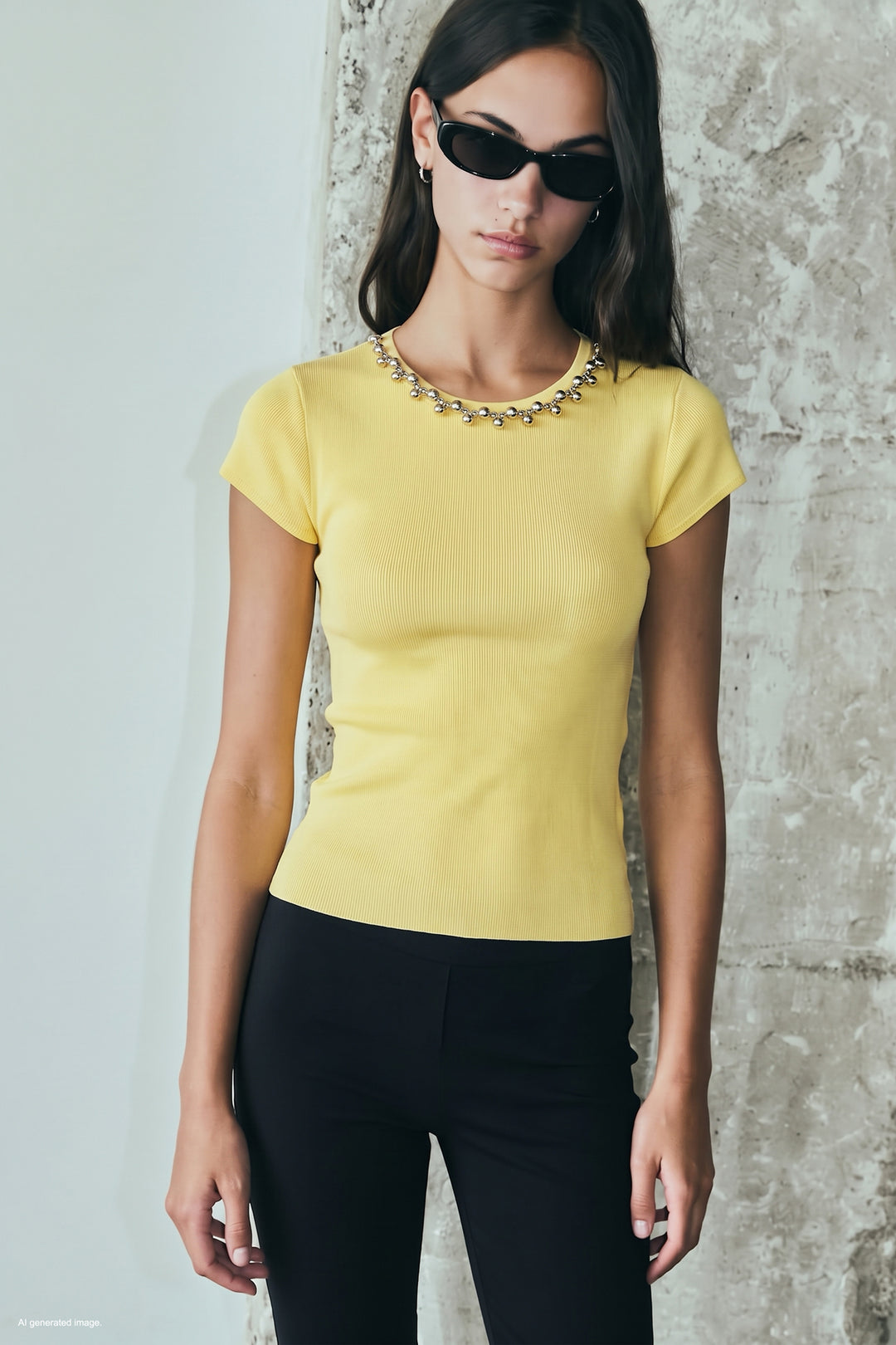 Sateen Tricot à Manches Courtes avec Collier - Jaune