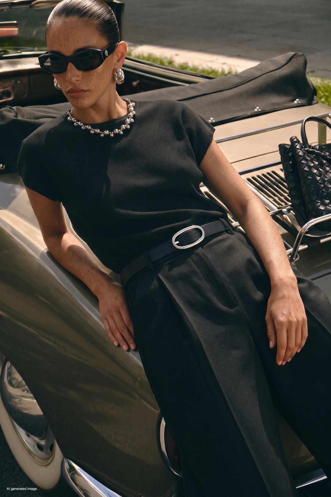 Sateen Tricot à Manches Courtes avec Collier - Noir