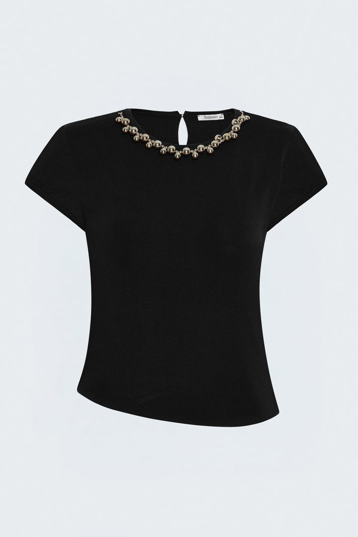 Sateen Tricot à Manches Courtes avec Collier - Noir