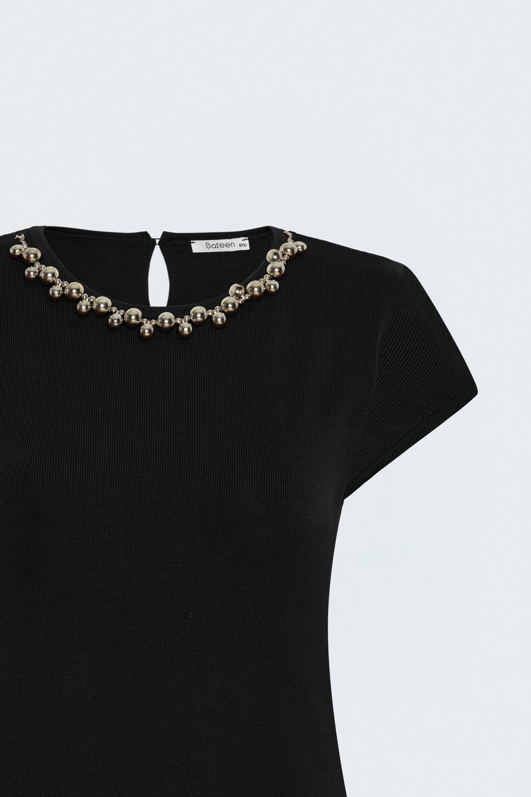 Sateen Tricot à Manches Courtes avec Collier - Noir