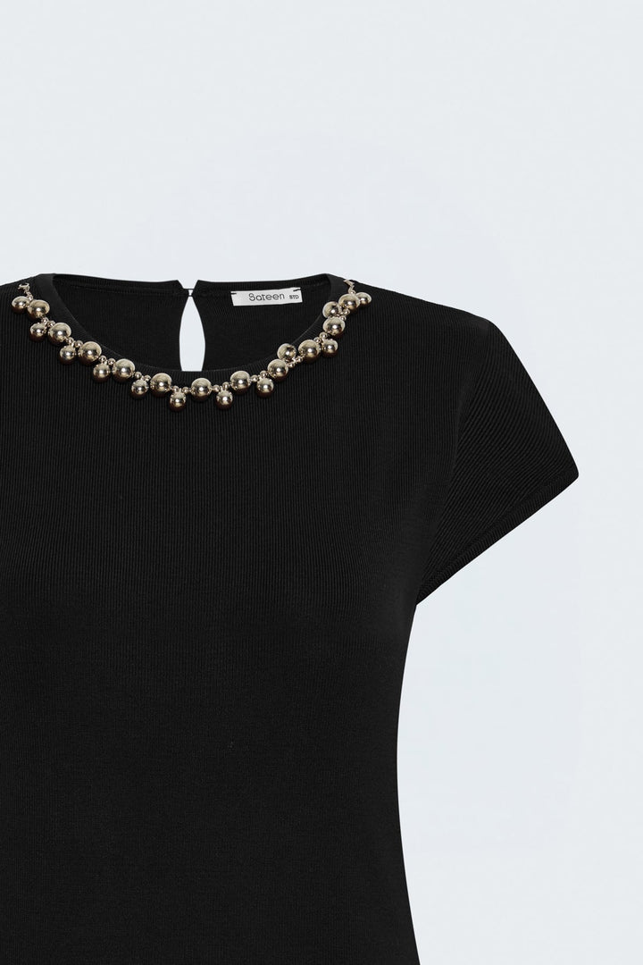Sateen Tricot à Manches Courtes avec Collier - Noir