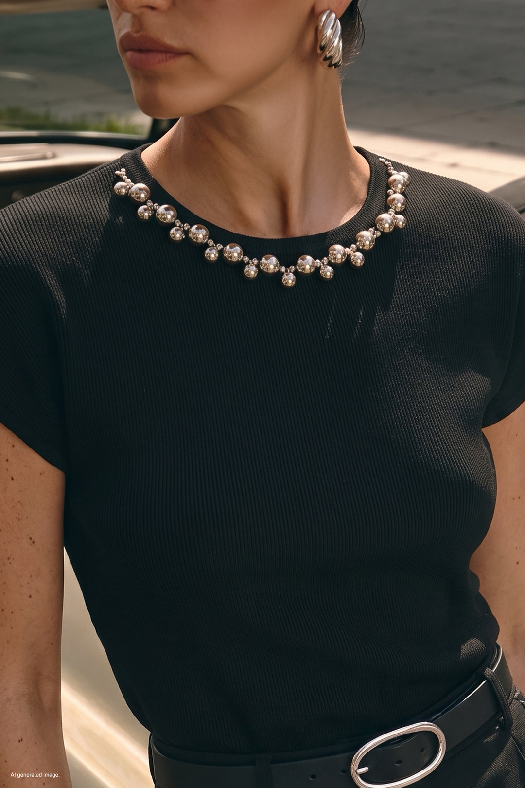 Sateen Tricot à Manches Courtes avec Collier - Noir