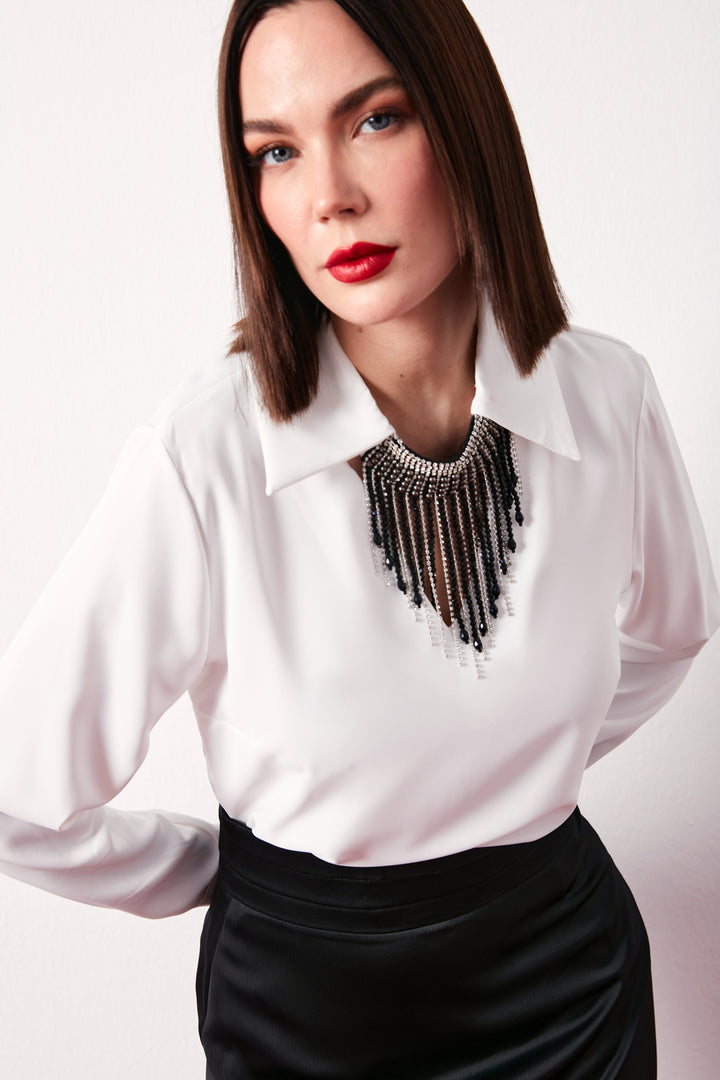 Sateen Blouse ample avec collier - Écru