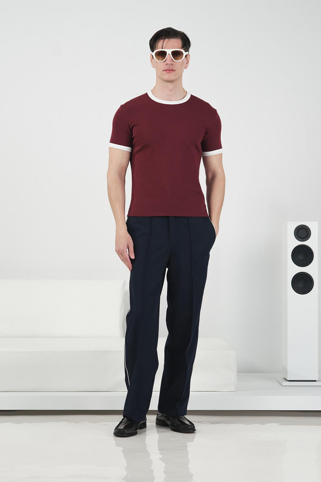 Giesto T-shirt bordeaux à col rond avec détails contrastés - Bordeaux