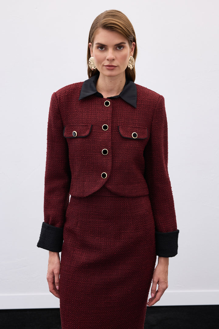 Sateen Veste courte en tweed contrastée - Bordeaux