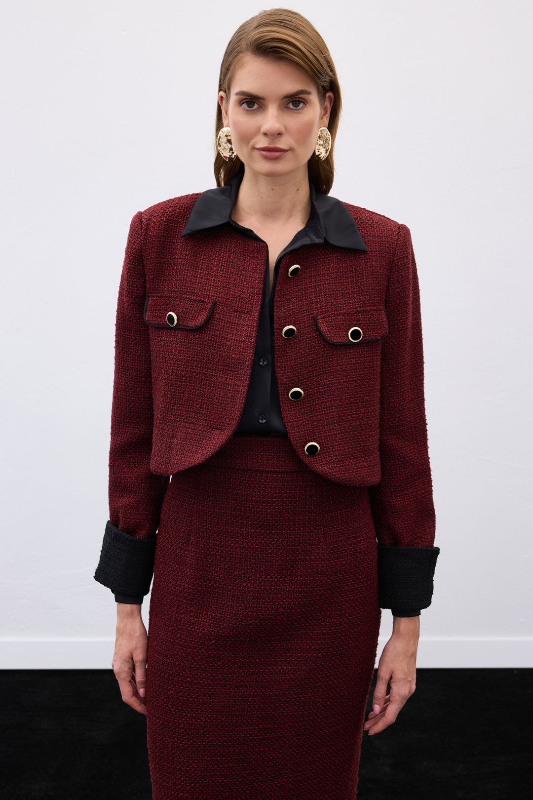 Sateen Veste courte en tweed contrastée - Bordeaux