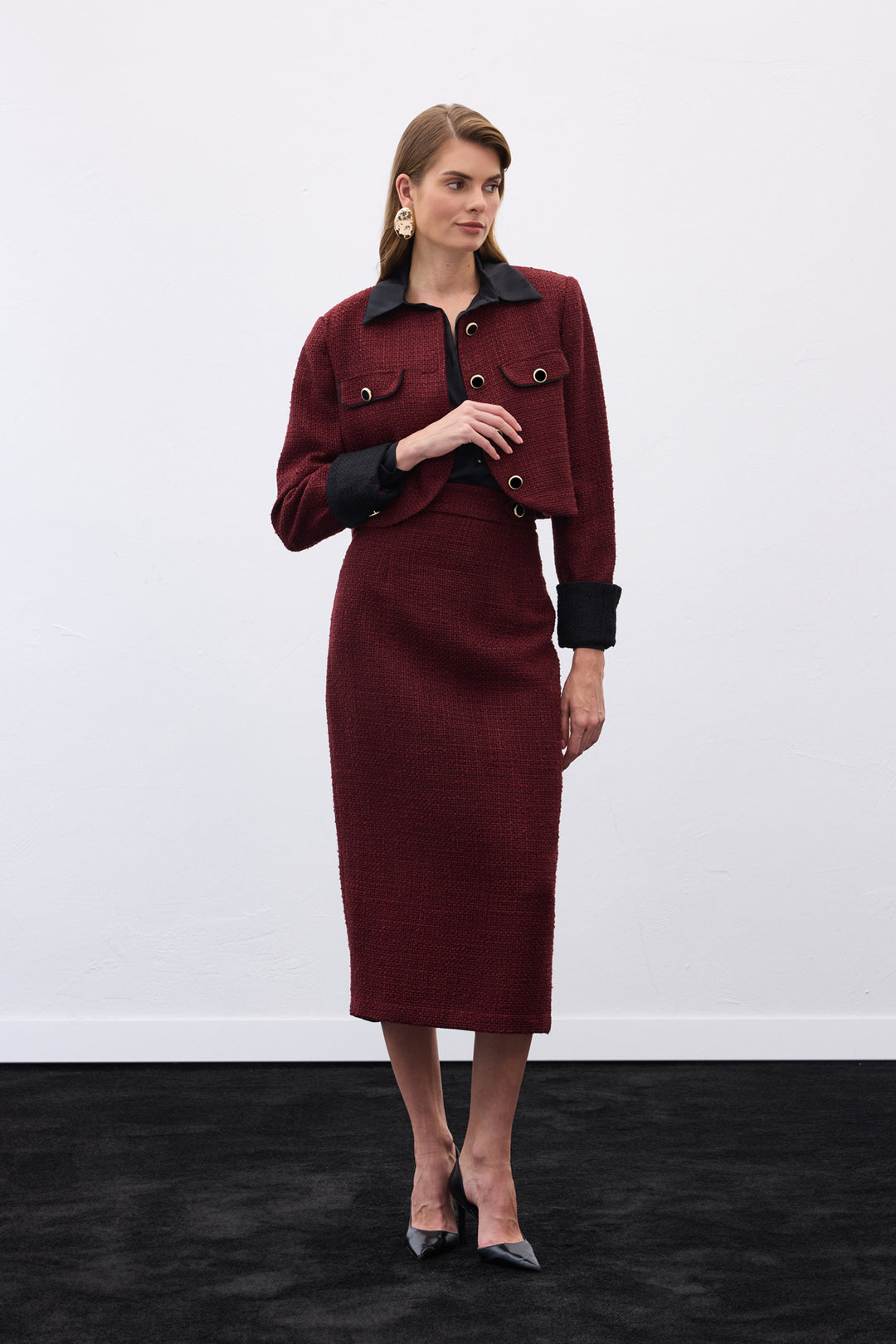 Sateen Veste courte en tweed contrastée - Bordeaux