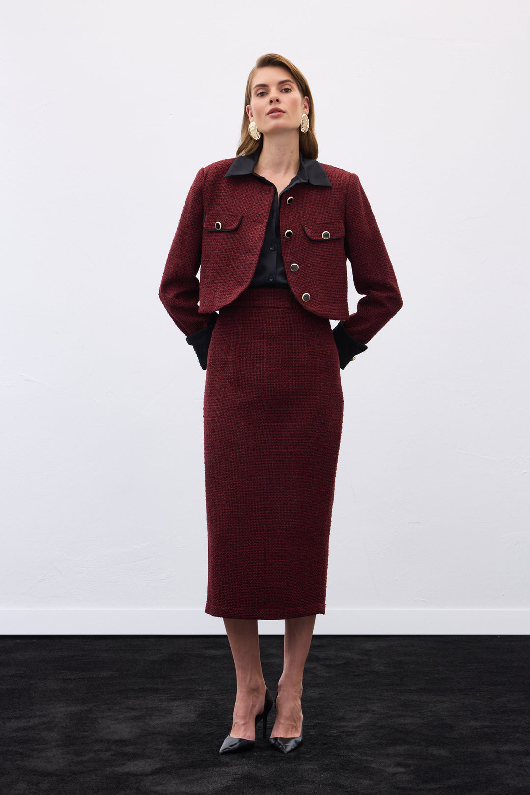 Sateen Veste courte en tweed contrastée - Bordeaux