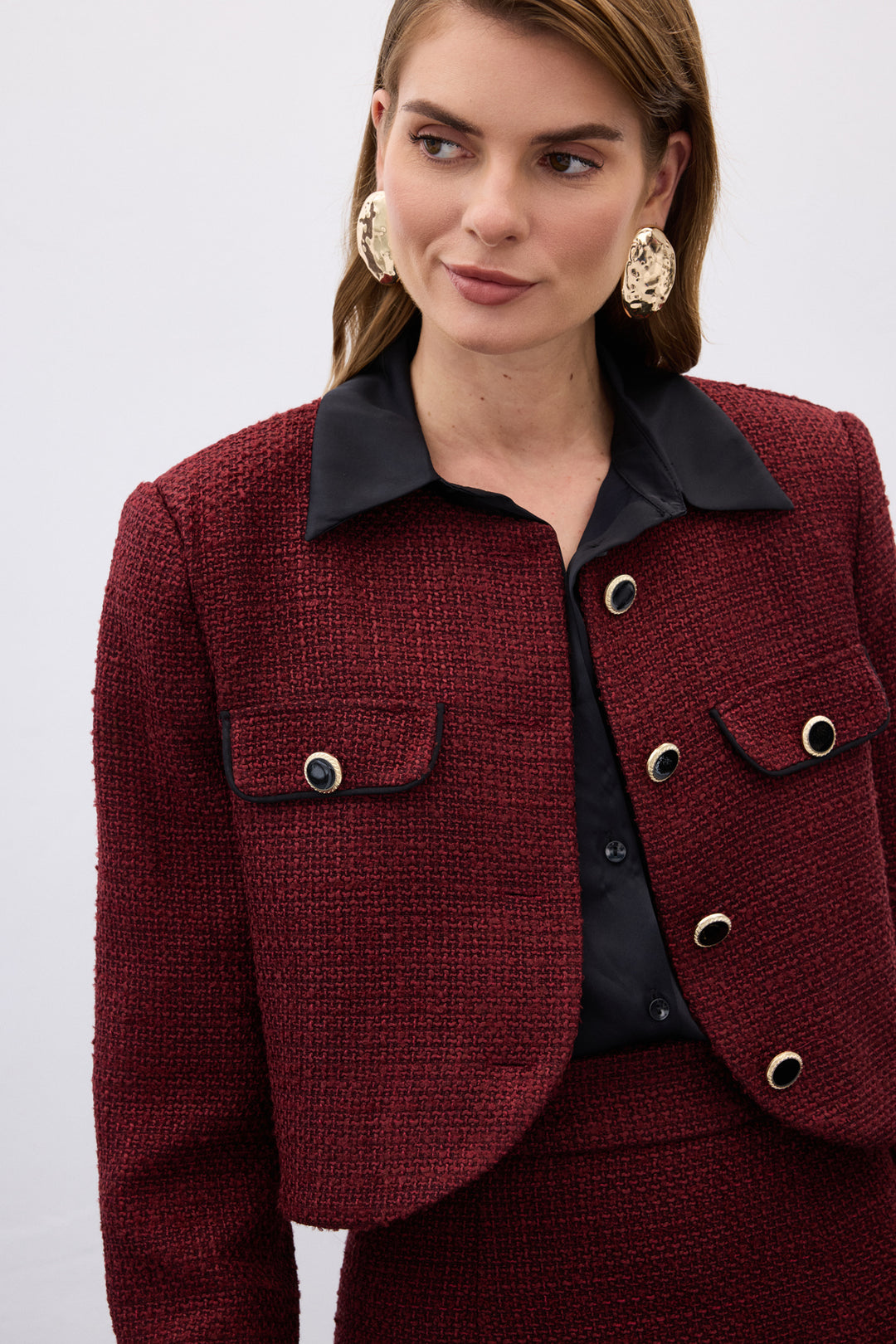 Sateen Veste courte en tweed contrastée - Bordeaux