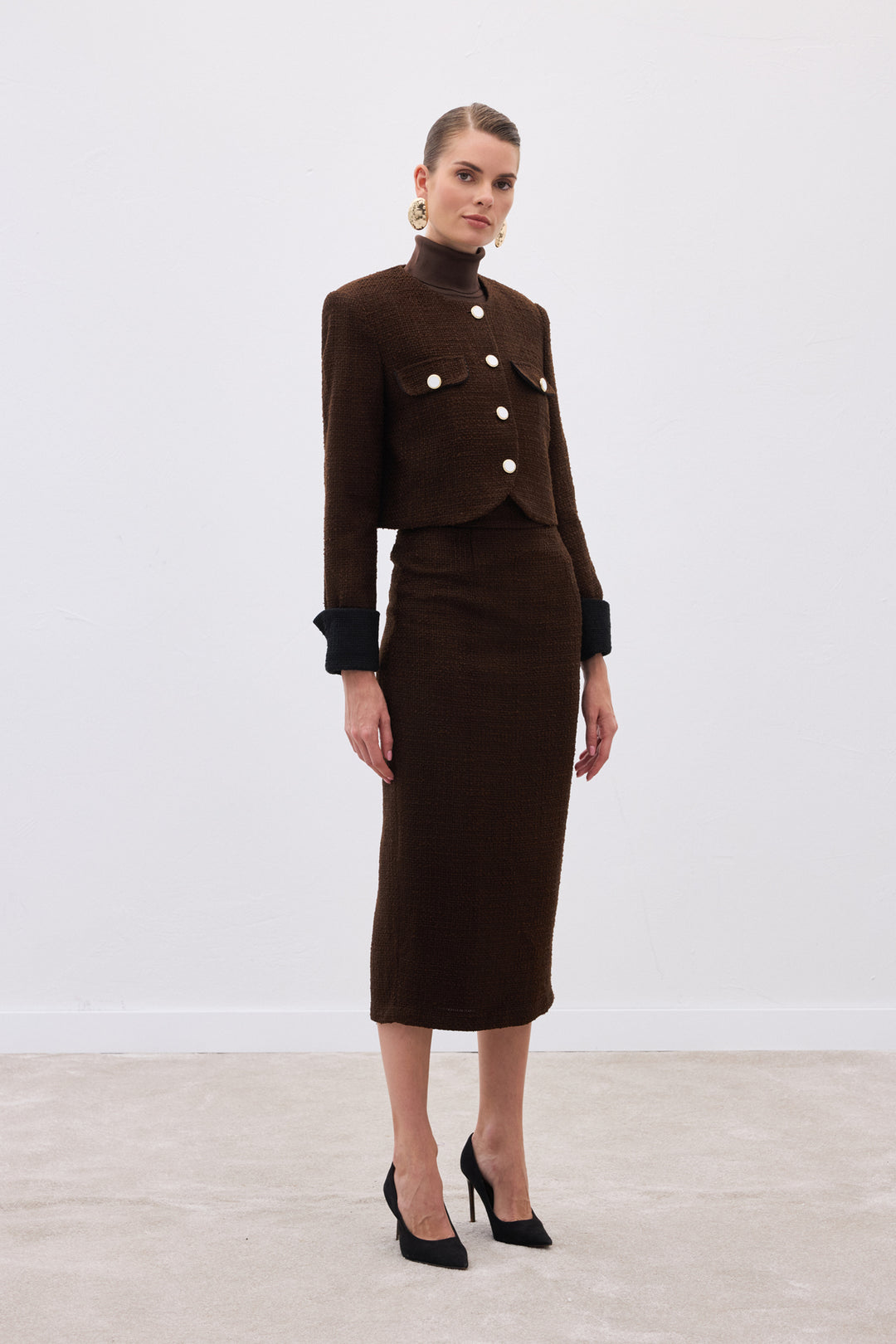 Sateen Veste courte en tweed contrasté - Marron