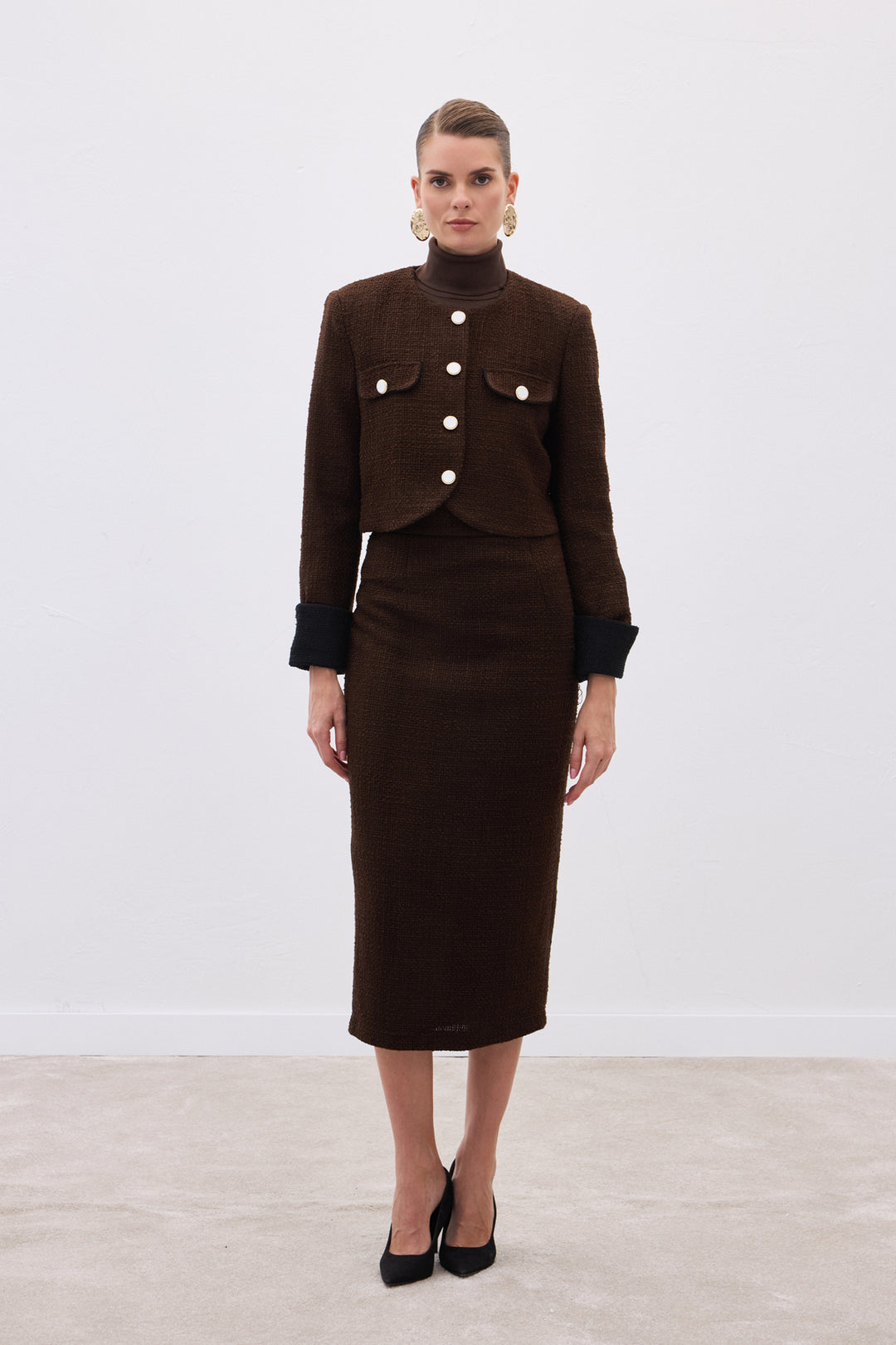 Sateen Veste courte en tweed contrasté - Marron
