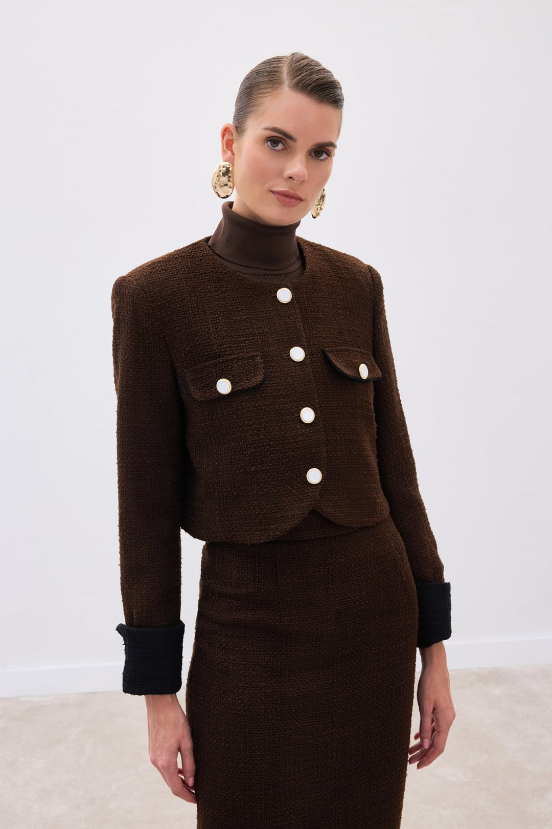 Sateen Veste courte en tweed contrasté - Marron