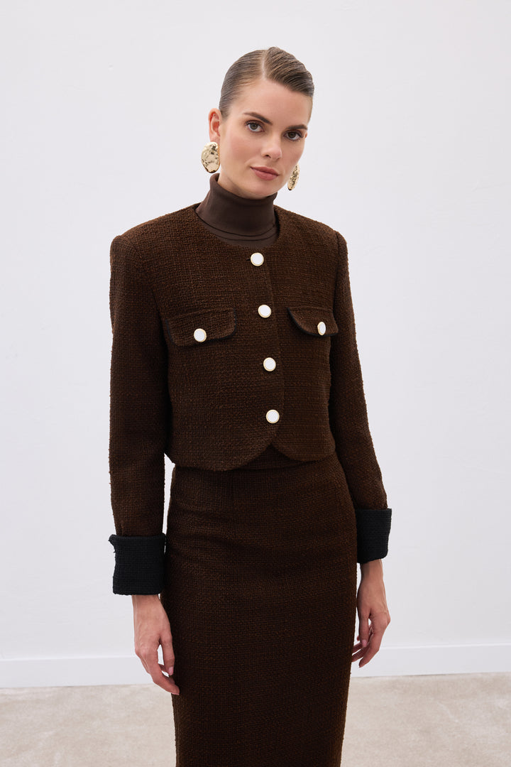 Sateen Veste courte en tweed contrasté - Marron