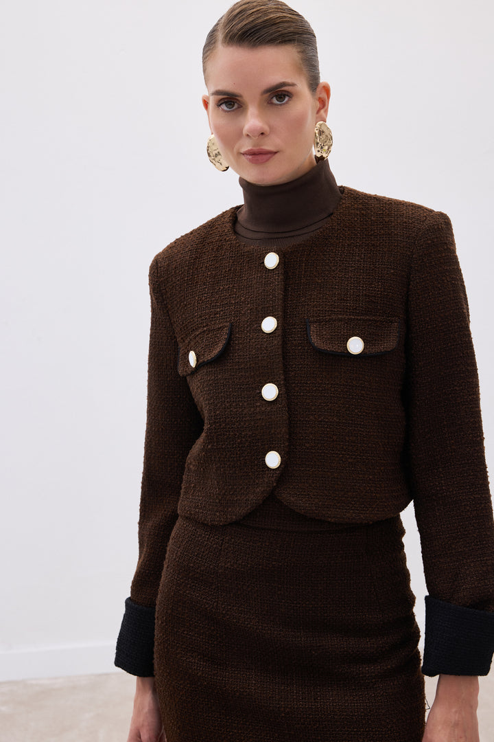 Sateen Veste courte en tweed contrasté - Marron