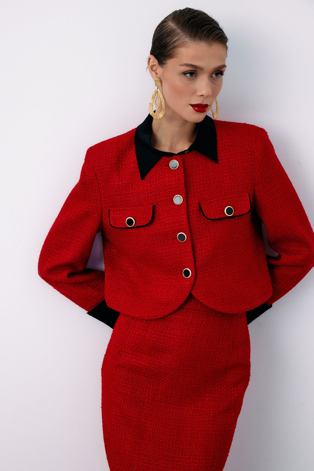 Sateen Veste en tweed courte contrastée - Rouge