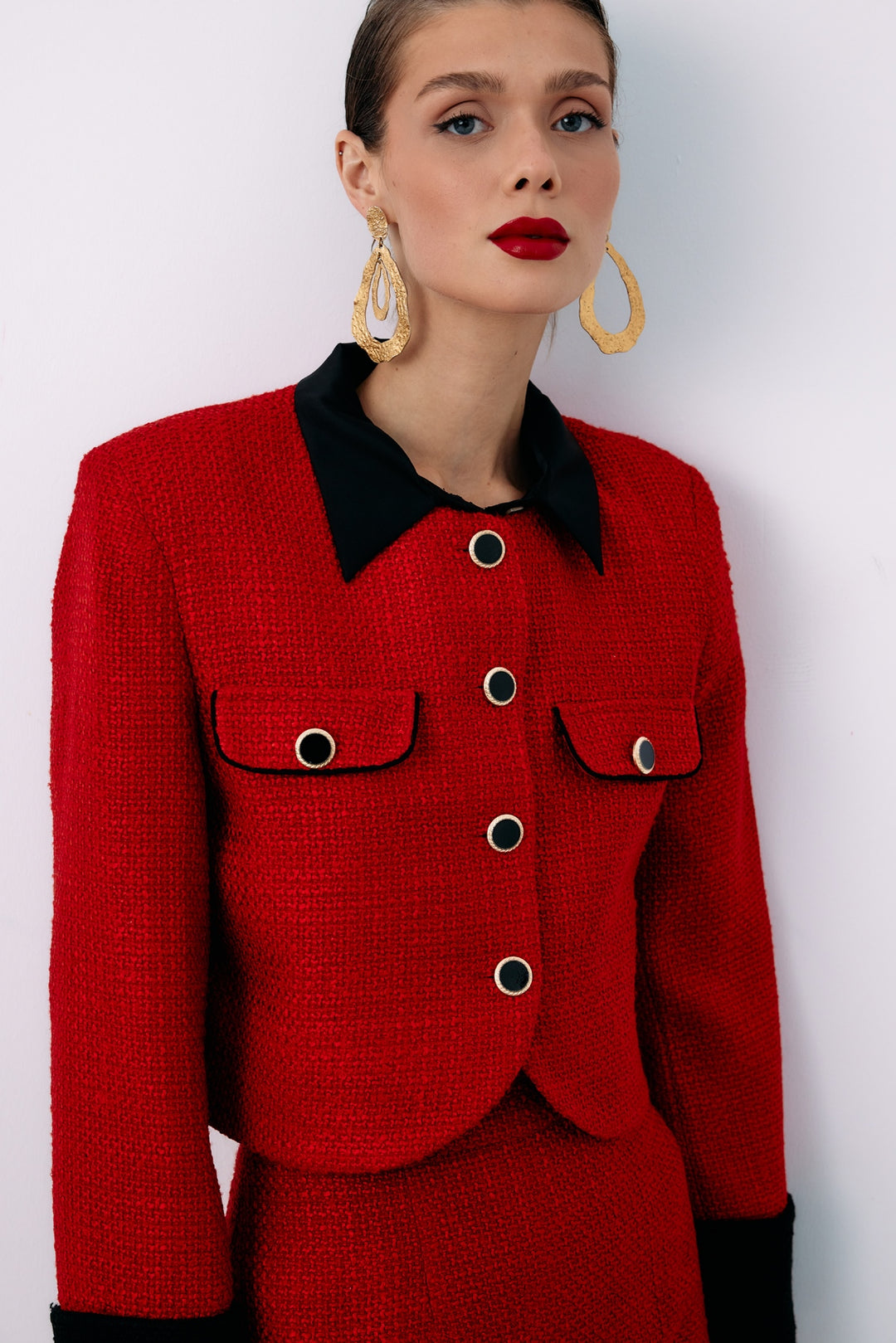 Sateen Veste en tweed courte contrastée - Rouge