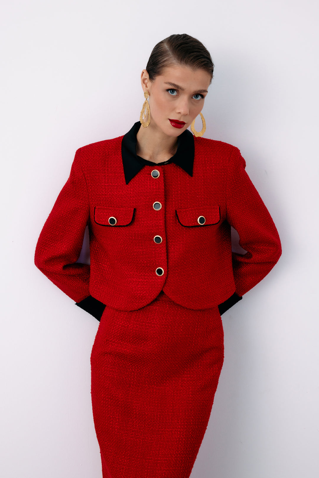 Sateen Veste en tweed courte contrastée - Rouge