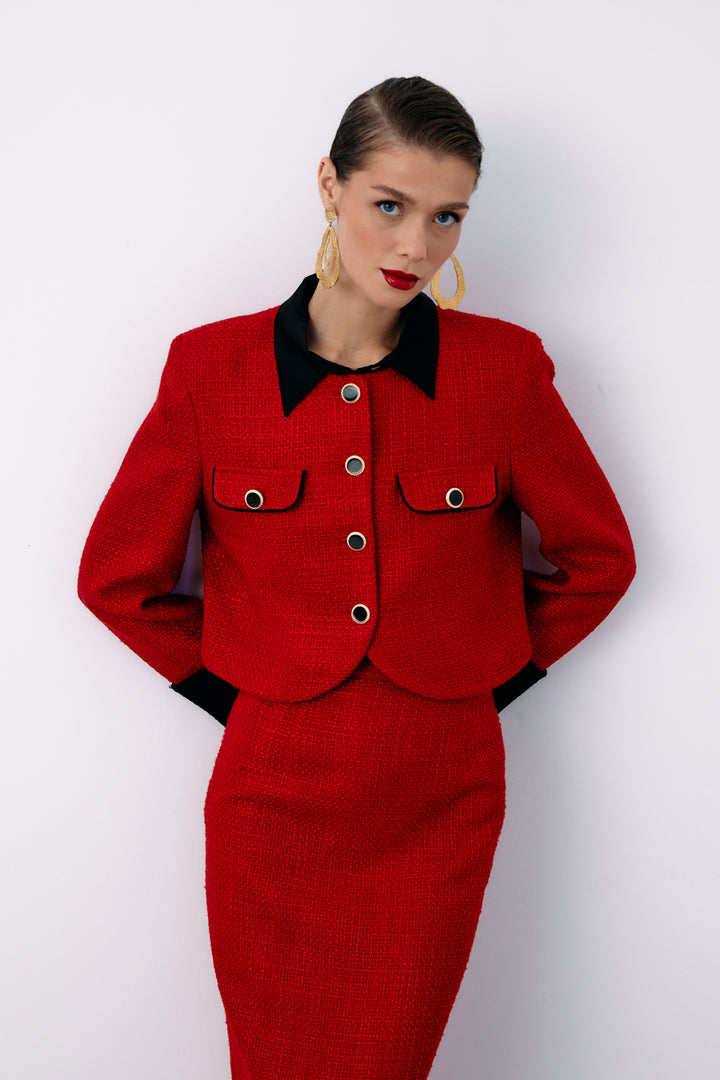 Sateen Veste en tweed courte contrastée - Rouge