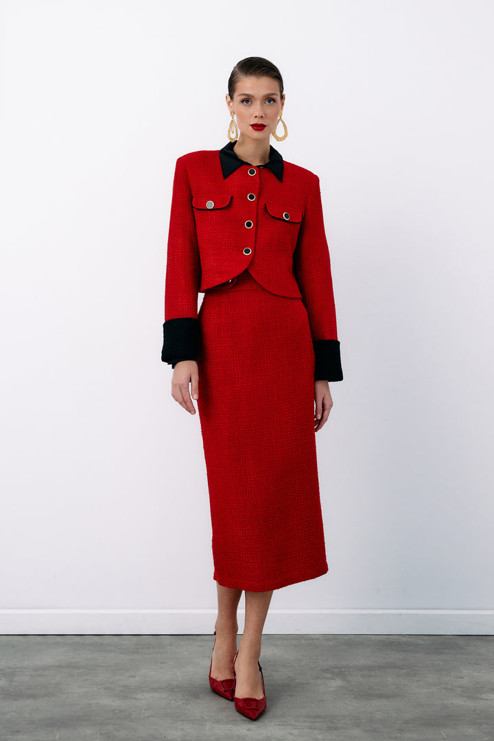 Sateen Veste en tweed courte contrastée - Rouge