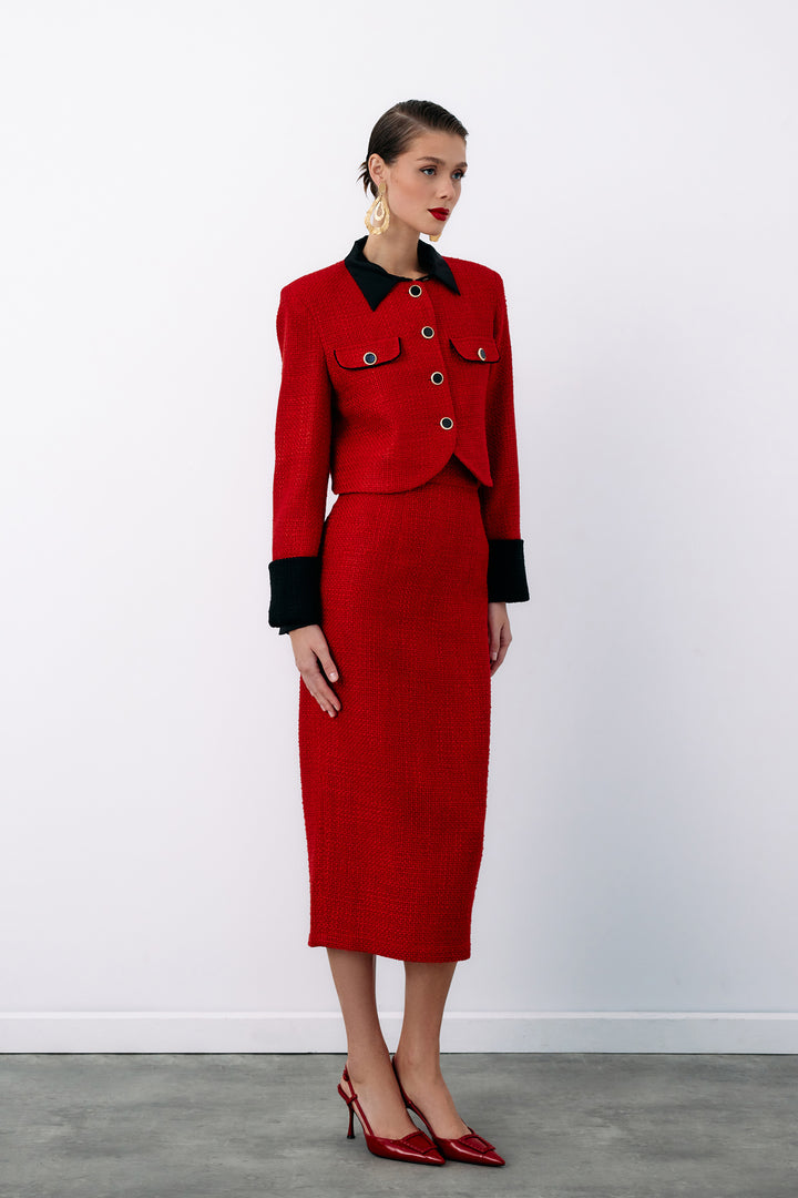 Sateen Veste en tweed courte contrastée - Rouge