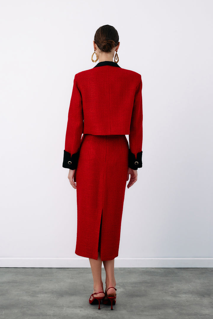 Sateen Veste en tweed courte contrastée - Rouge