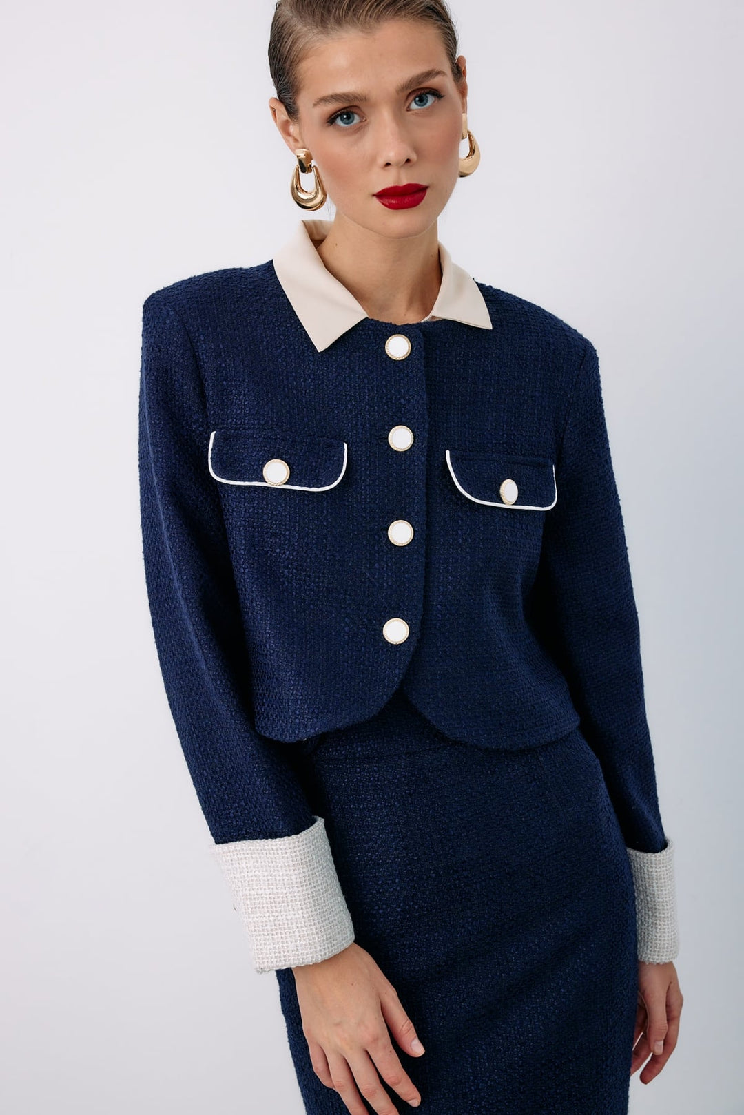 Sateen Veste en tweed courte contrastée - Bleu marine