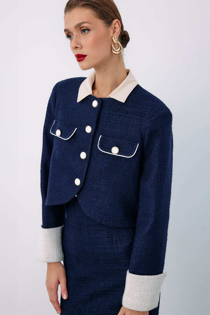Sateen Veste en tweed courte contrastée - Bleu marine