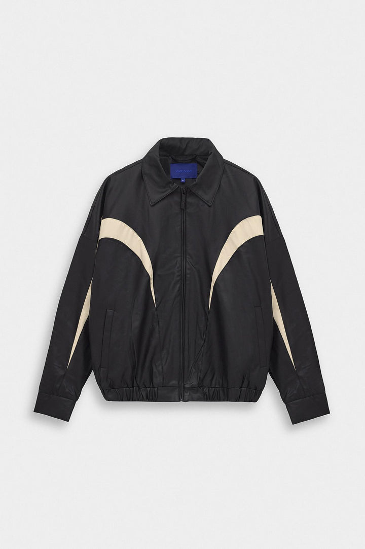 Giesto Veste en cuir noire à pièces contrastées - Noir