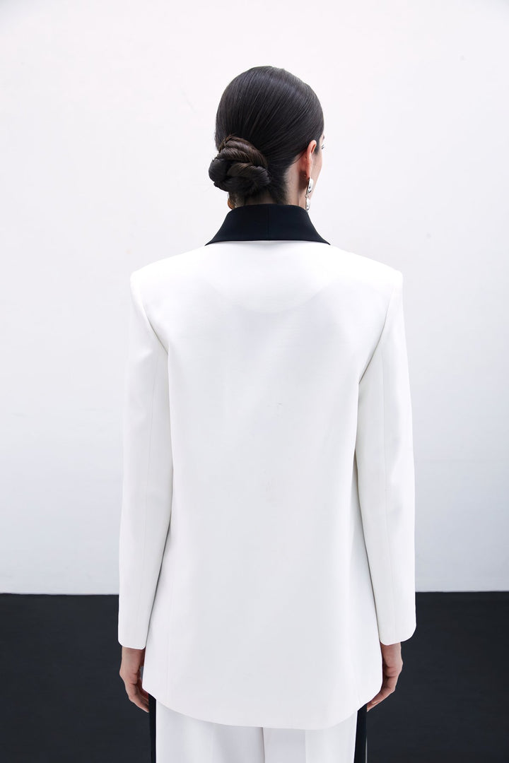 Sateen Veste Longue Contrastée - Écru